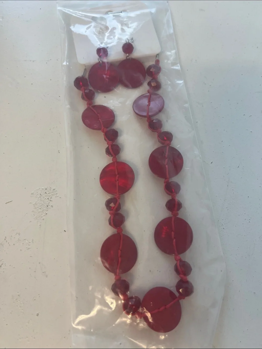 Aenu Fashion Chunky Beads Knitted Red Necklace Earring Set NWT